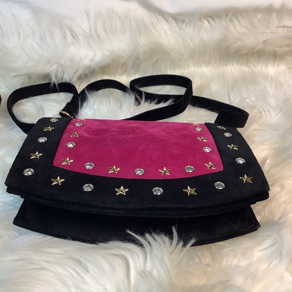 YSL Yves Saint Laurent Suede Fuschia & Black Studded with stones Shoulder bag - Picture 8 of 13